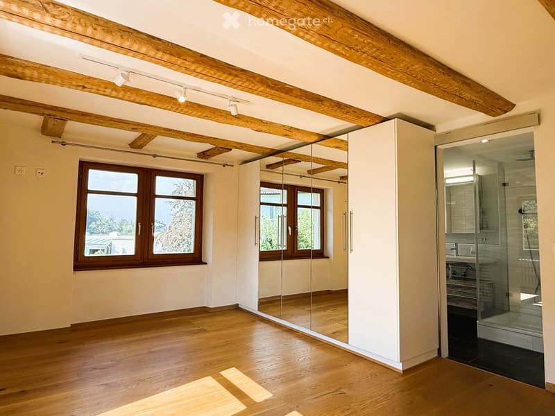 Spacious, well-lit room with wooden floors, exposed wooden beams, large windows, and a mirrored closet. The adjacent area features a modern glass-enclosed shower with a sleek design.