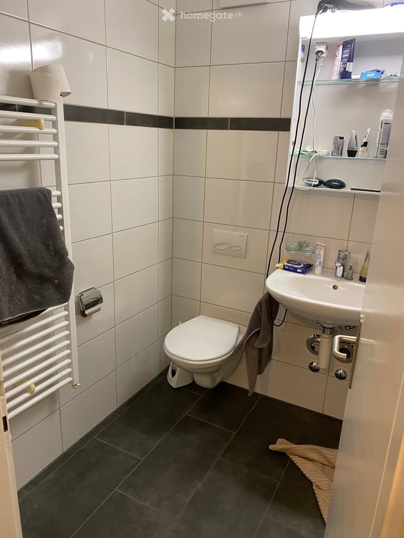 Compact bathroom with white tiled walls, a toilet, a sink with a mirror, a towel rack with a towel, and personal care items on the sink counter.