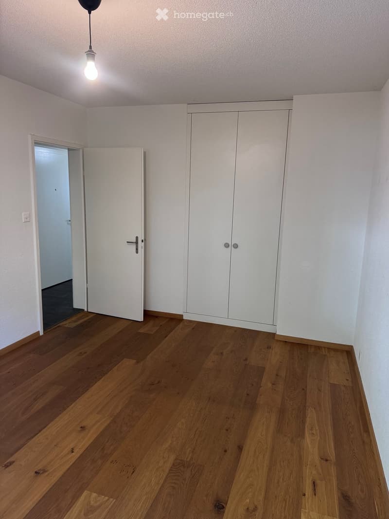 Empty room with wooden flooring, white walls, built-in closet, and a hanging light fixture.