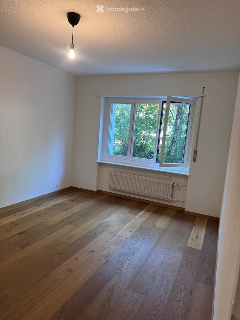 Empty room with wooden flooring, white walls, a window with white frame, and a radiator below the window. A single light fixture hangs from the ceiling.
