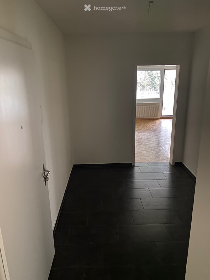 Empty hallway with dark tiled floor, white walls, and a door leading to an outdoor area with wooden flooring.