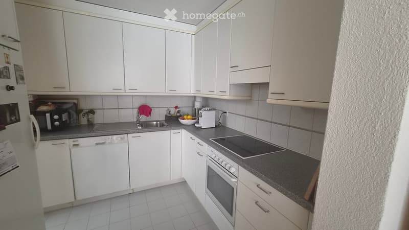 Modern kitchen with white cabinets, tiled walls, and grey countertops. Features include a fridge, microwave, dishwasher, oven, induction hob, sink, and a bowl on the counter.