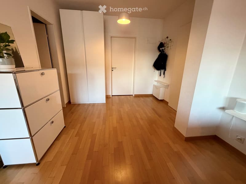 A clean, well-lit hallway with wooden flooring, white walls, and a closed door leading to another room. A small cabinet and a coat rack are visible, along with a potted plant on top of the cabinet.