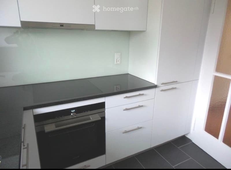 Modern kitchen with white cabinets, black countertop, and built-in oven.
