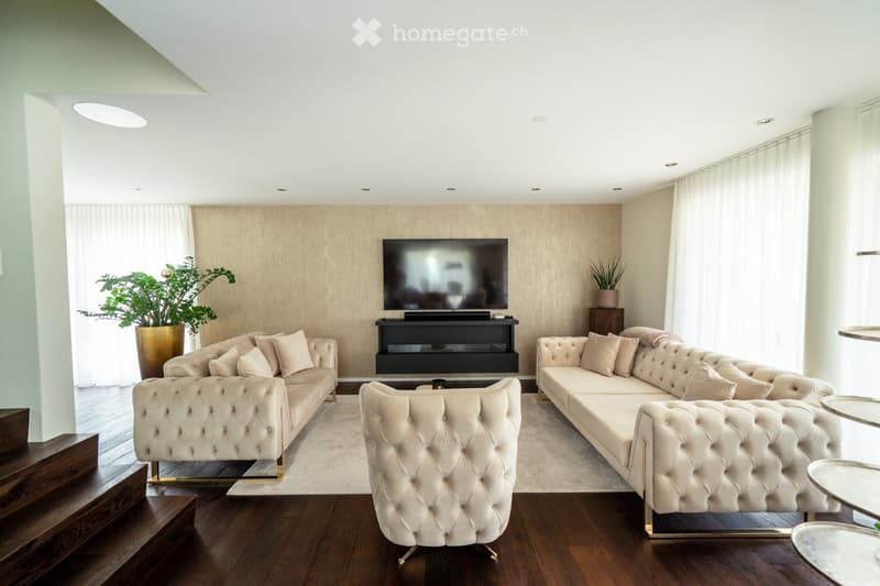 Living room, two couches, coffee table, center table, sofa chairs, potted plants, television