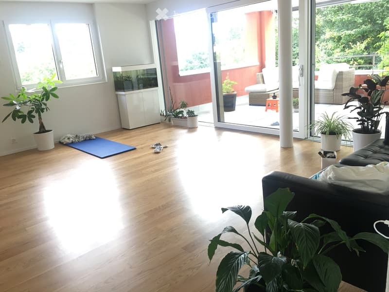 Bright living room with wooden flooring, large windows, and sliding glass doors leading to a balcony. Features a black leather sofa, a small table, a chair, and several potted plants.