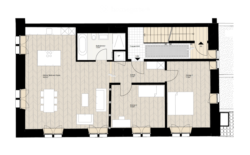 Floor plan of a multi-level house with a kitchen, dining area, living room, two bedrooms, and a bathroom on the ground floor, plus a staircase leading to an upper level.