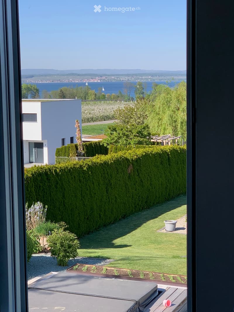 View from a window showing a garden with a hedge, a white house, and a lake in the distance.