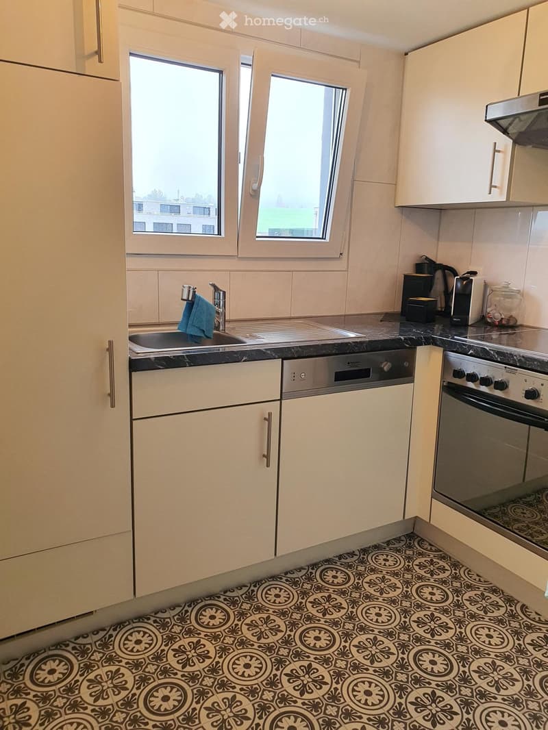 Modern kitchen with white cabinets, stainless steel appliances, and a black countertop. Features a sink with a faucet, a dishwasher, an oven, and a coffee maker on the counter. The floor has a decorative black and white floral tile pattern.