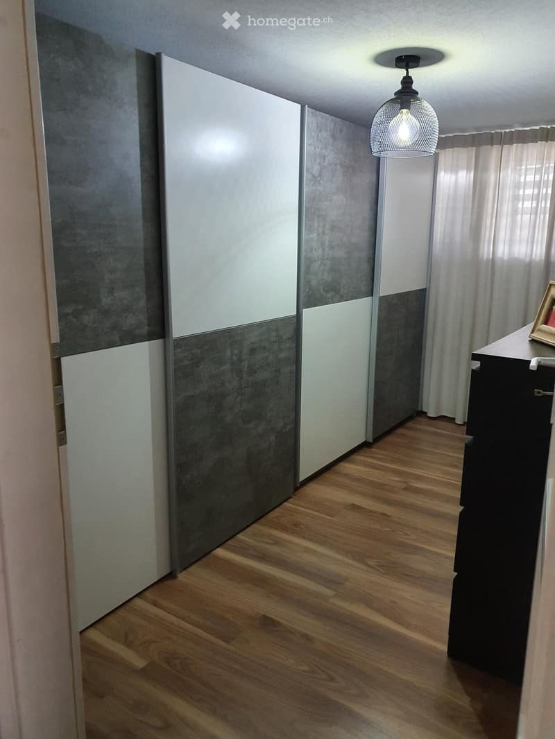 Modern hallway with wooden flooring, grey and white walls, pendant light fixture, and a small black cabinet with a framed picture on top.