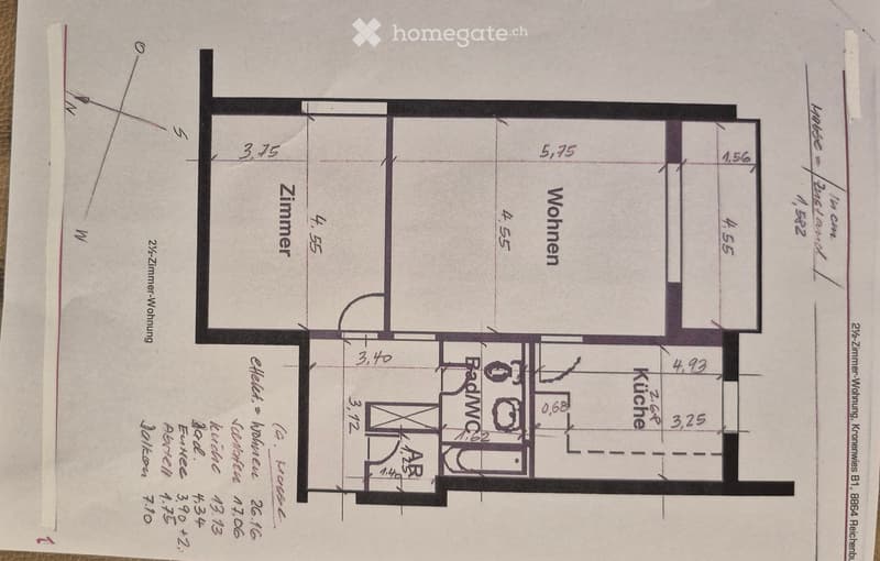 Floor plan of a 2.5-room apartment with labeled rooms: living area, bedroom, kitchen, and bathroom.
