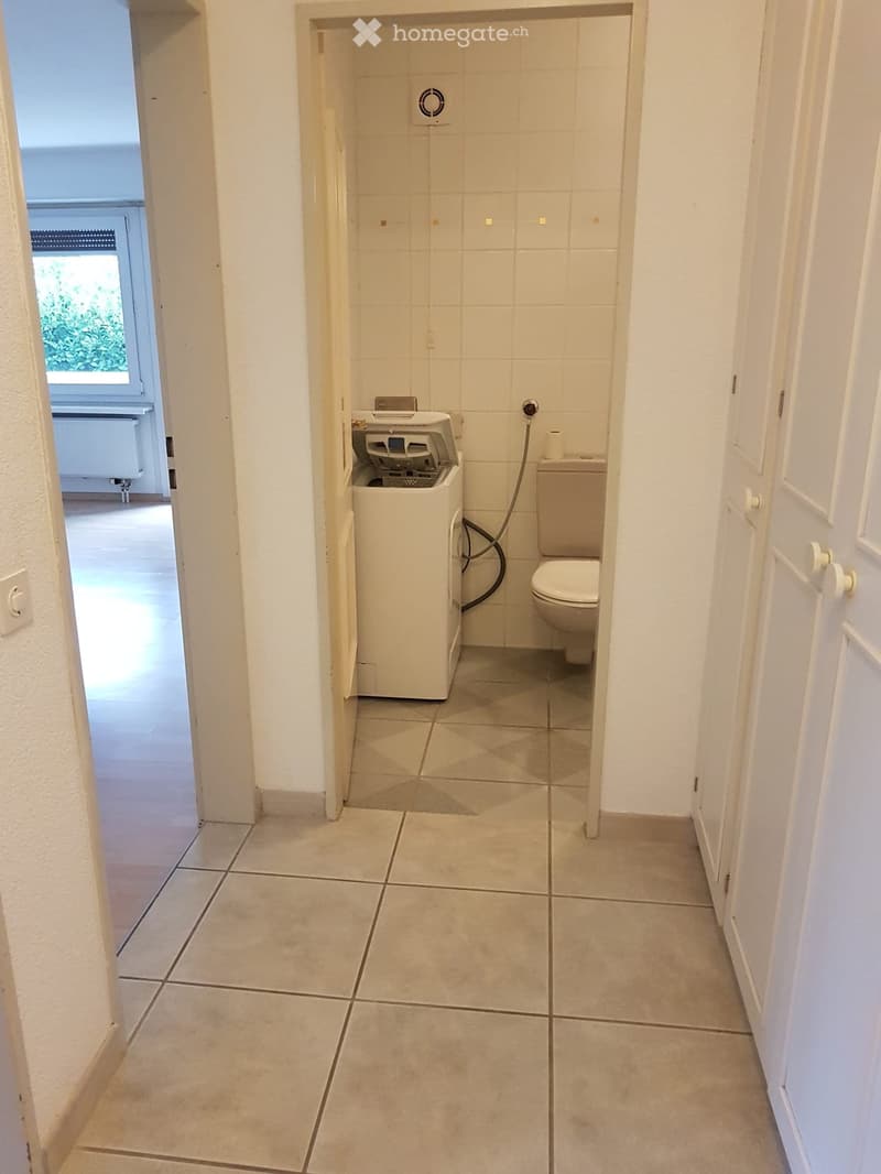 Bathroom with a toilet, washing machine, tiled walls, and a window in the background.