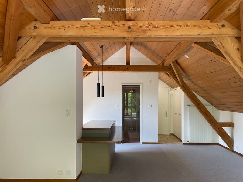 Bright hallway with exposed wooden beams, white walls, and a modern pendant light. Features a small bench and a doorway leading to another room.
