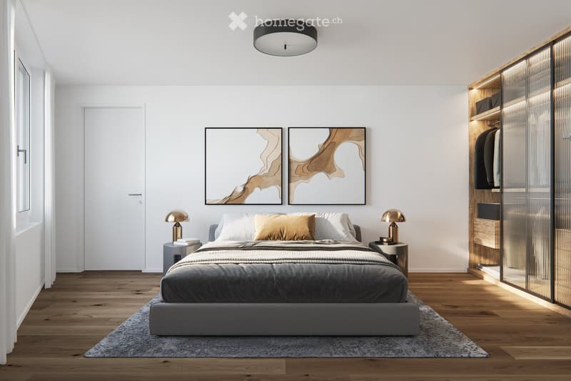 Modern bedroom with a large bed, nightstands, lamps, artwork, and a wooden wardrobe with glass doors.