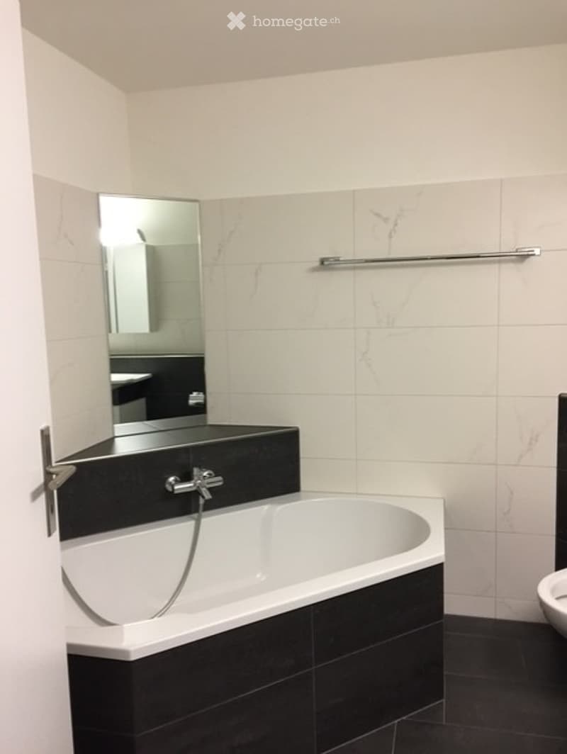 Modern bathroom with a white bathtub, black tiles, a large mirror, and a towel rack.