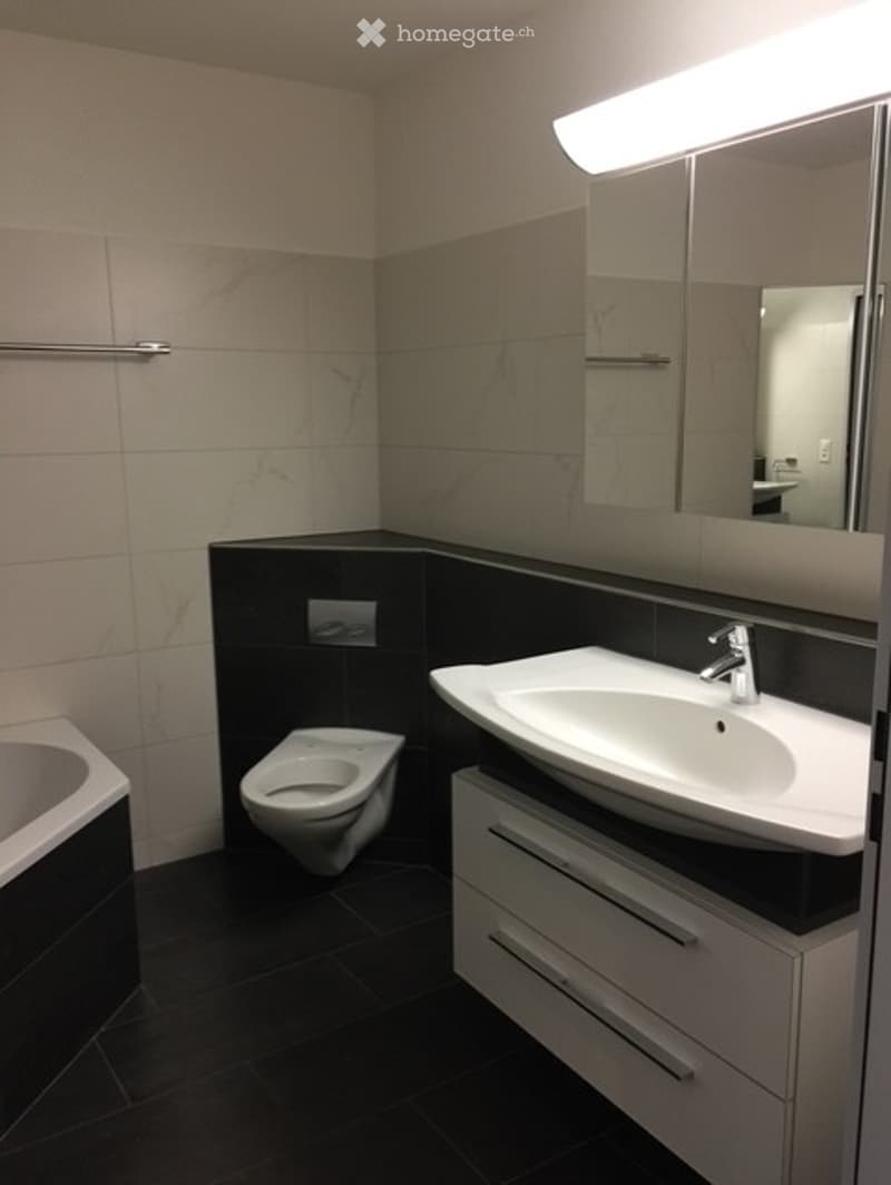 Modern bathroom with a white sink, chrome faucet, large mirror, toilet, and bathtub. The walls are tiled in a combination of light and dark tones, and the floor is dark tiled.