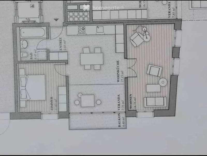 Floor plan of a 2-room apartment with a living room, kitchen, bedroom, bathroom, and balcony.