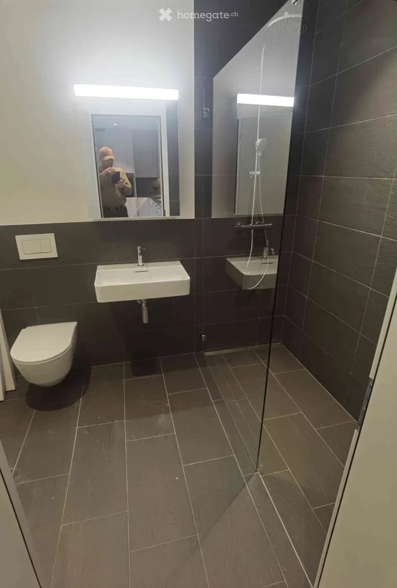 Modern bathroom with dark tiled walls and floor, white toilet, sink, and a glass-enclosed shower area.