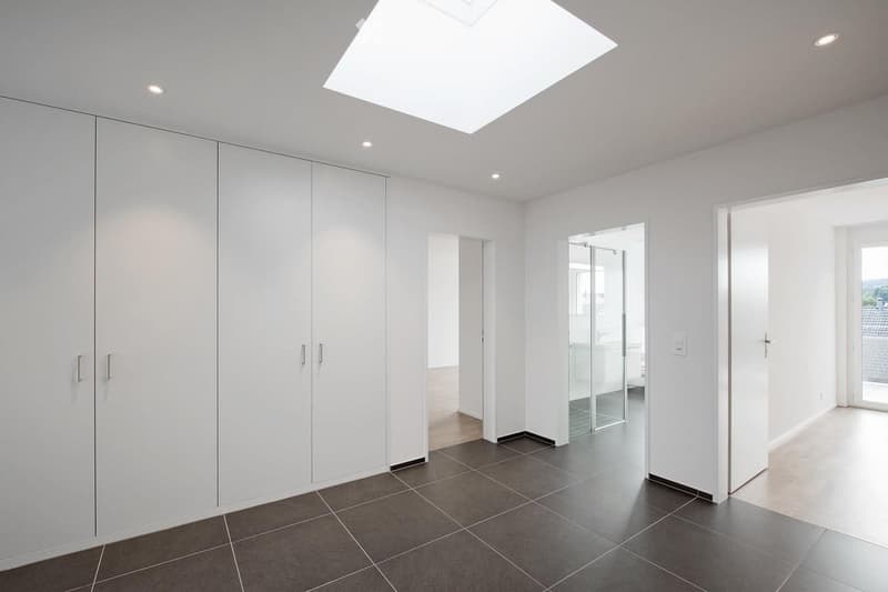 Empty room with white walls, dark tiled floor, large built-in wardrobes, and a skylight above. No furniture or personal items are present.