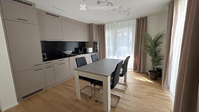 Modern dining area with a sleek dining table and chairs, integrated kitchen cabinets, and a potted plant near the window.