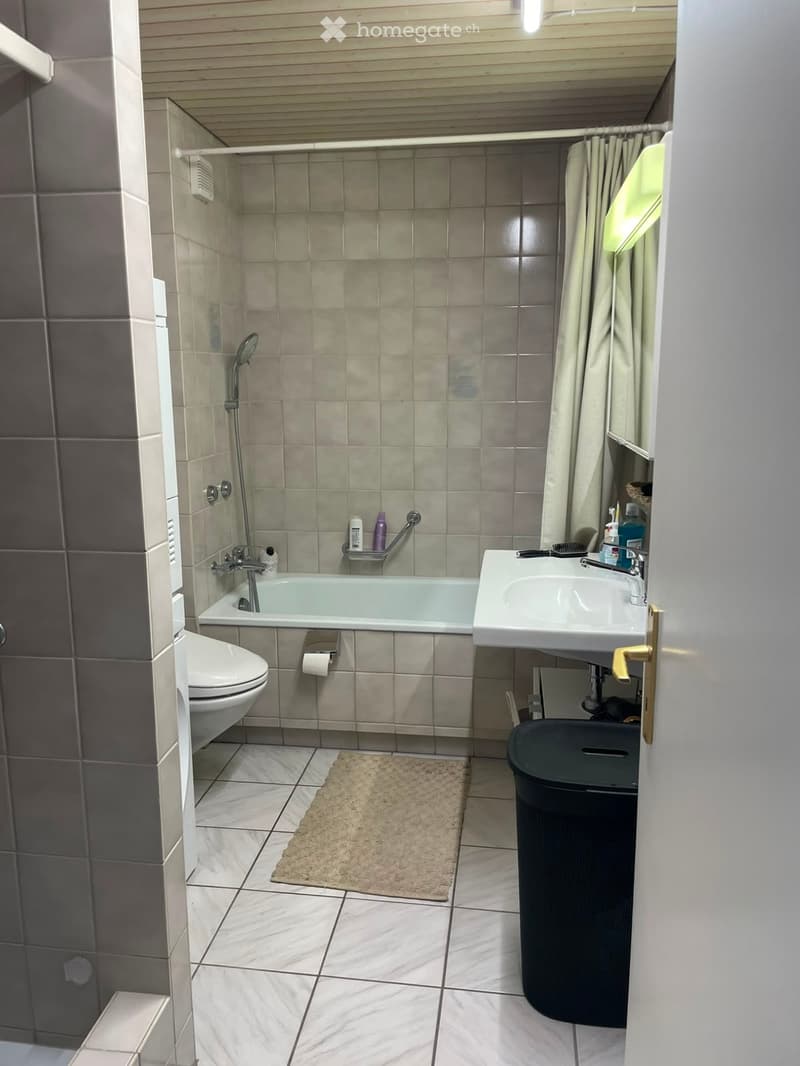 Modern bathroom with a bathtub, toilet, sink, and showerhead. Features tiled walls and floor, a small rug, and a trash bin.