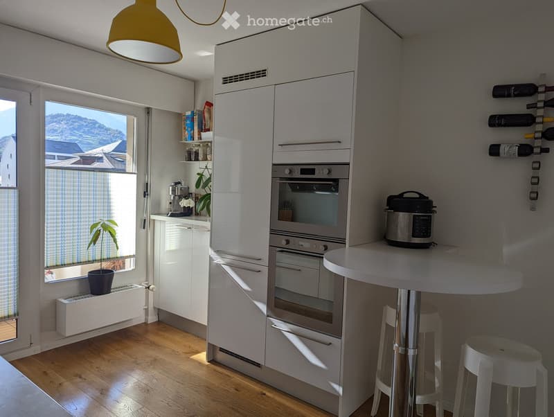 modern kitchen with white cabinets, stainless steel appliances, wooden floor, sliding glass door, built-in heater, rice cooker, potted plant, radiator, hanging wine bottles