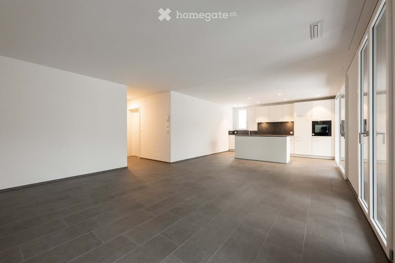 Open-plan living and kitchen area with dark tiled flooring, white kitchen cabinets, and a central island.