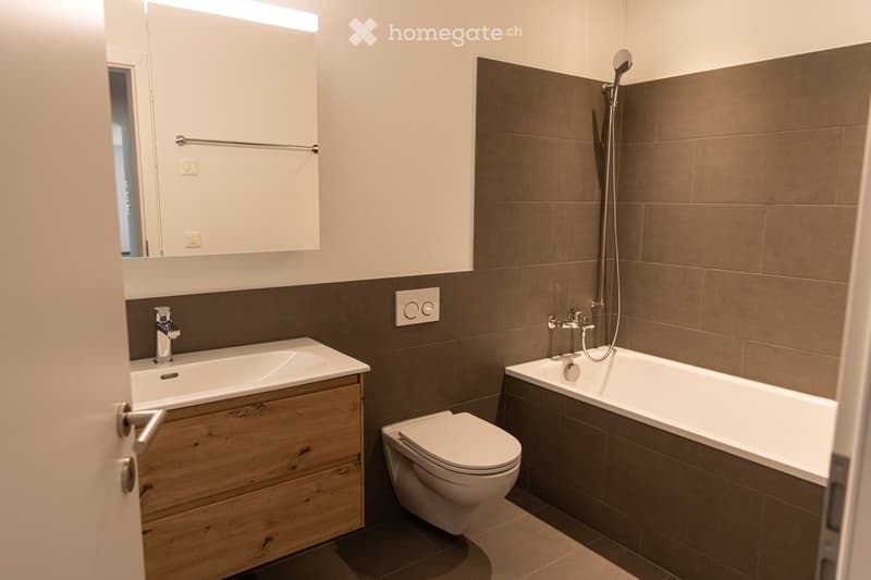 Modern bathroom with a white sink, wooden cabinet, bathtub, toilet, and a large mirror with built-in lighting. The walls are tiled in a two-tone design with brown lower tiles and white upper tiles.