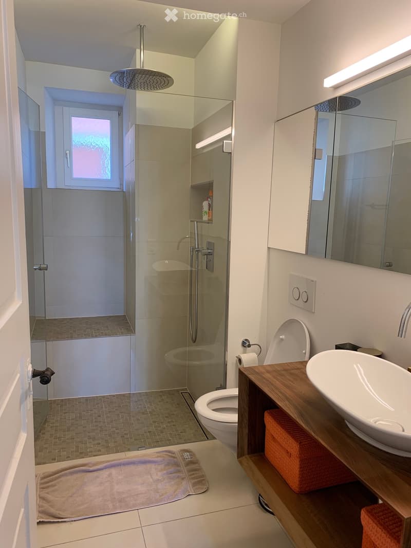 Modern bathroom with a glass-enclosed shower, toilet, sink, and mirror. Features include a wooden vanity, a towel on the floor, and a large window providing natural light.