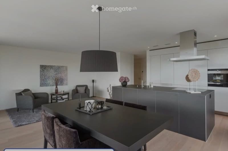 Modern open-plan living and dining area with a sleek black dining table, grey sofas, a kitchen island, and contemporary decor.
