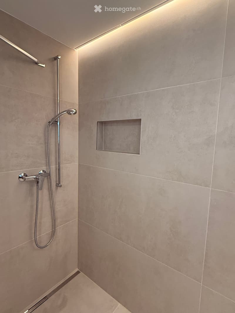 Modern shower area with beige tiles, a handheld showerhead, a fixed faucet, and a built-in shelf.