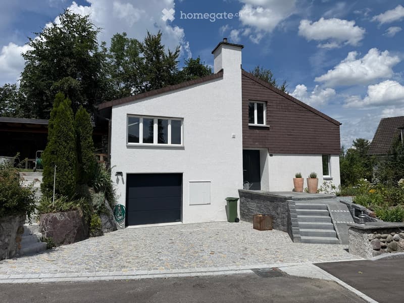 Modern two-story house with white exterior, dark brown roof, and garage. Features include a raised ground floor, stone steps leading to a patio, and surrounding greenery.