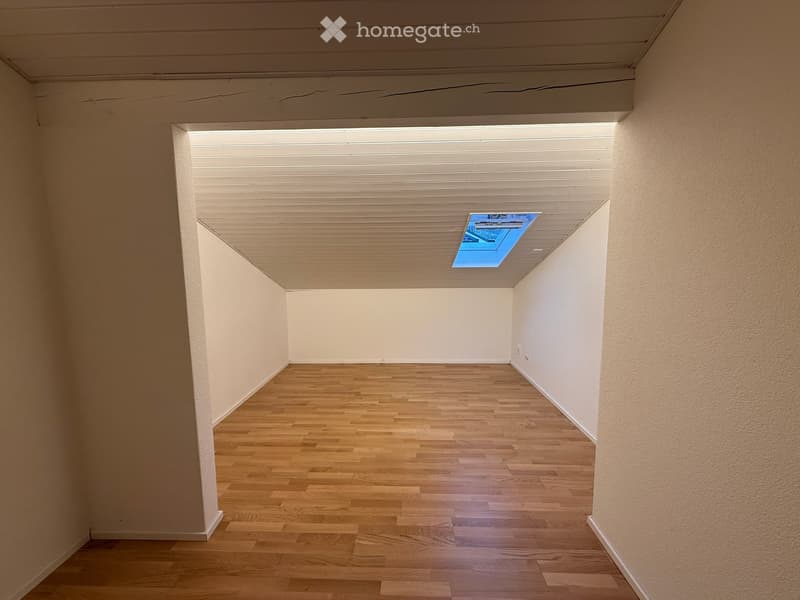Empty room with wooden flooring, white walls, and a skylight window in the ceiling.