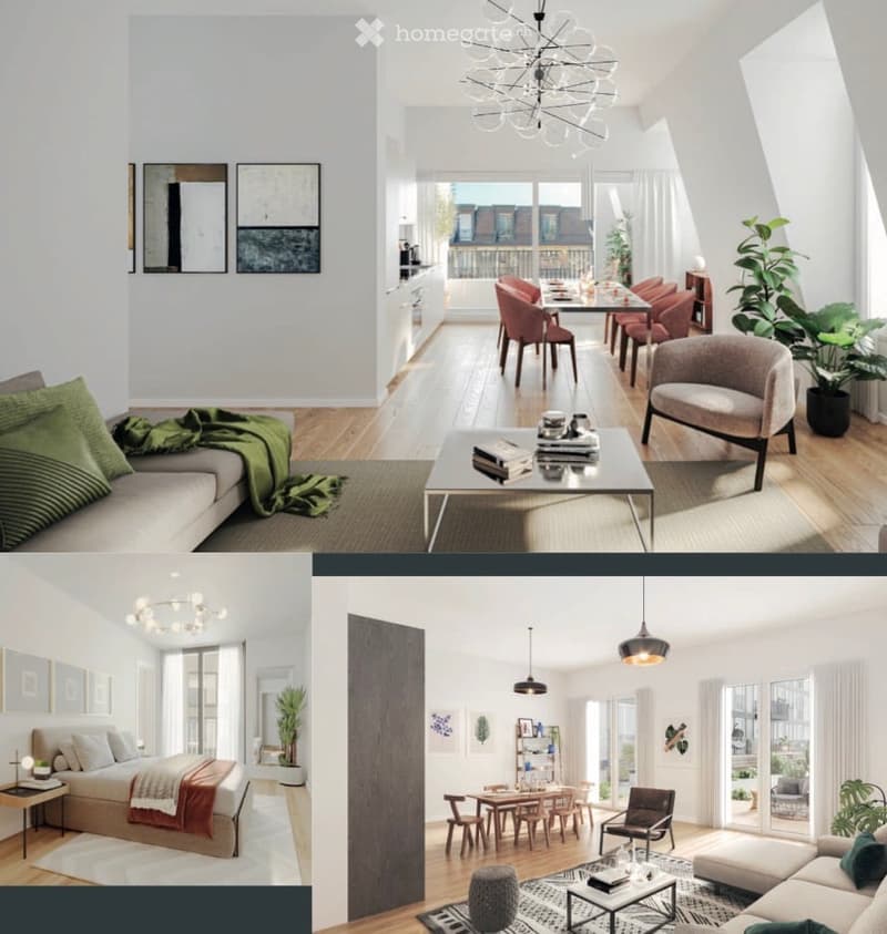 A collage of four modern, well-furnished rooms: a living room with a sofa, coffee table, and potted plants; a dining area with a table and chairs; a bedroom with a bed and nightstand; and a kitchen area with a dining table and chairs.