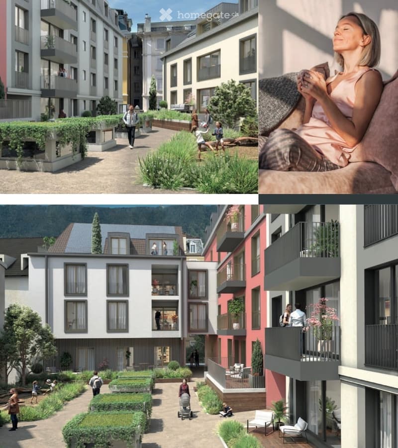 A collage of four images showcasing modern residential buildings with balconies, green spaces, and a cozy living room setting.