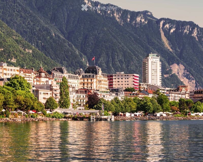 A scenic view of a lakeside town with multiple buildings, surrounded by lush green trees and towering mountains in the background.
