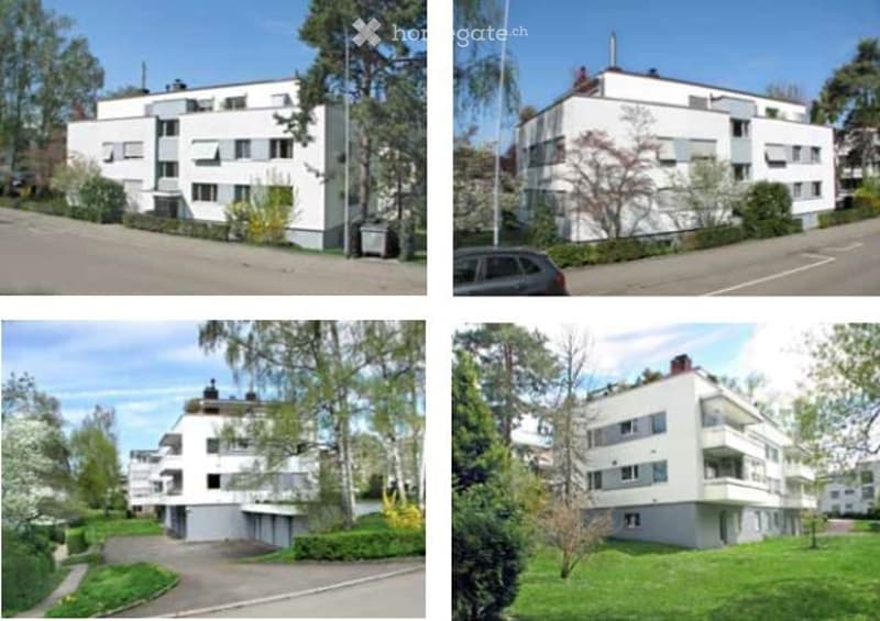 Four images of a modern, white multi-story apartment building with balconies, surrounded by greenery and trees. The building features clean lines, large windows, and is situated in a residential area with paved roads and landscaped surroundings.