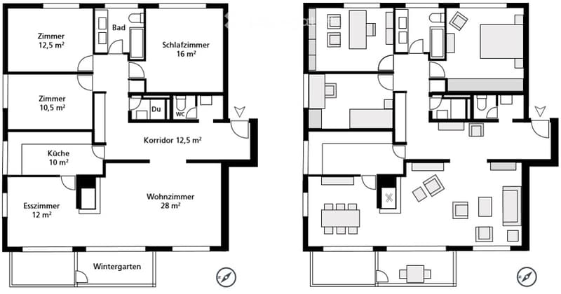 Floor plan of a 2-room apartment with a living room, kitchen, bedroom, bathroom, and hallway. Includes a winter garden.