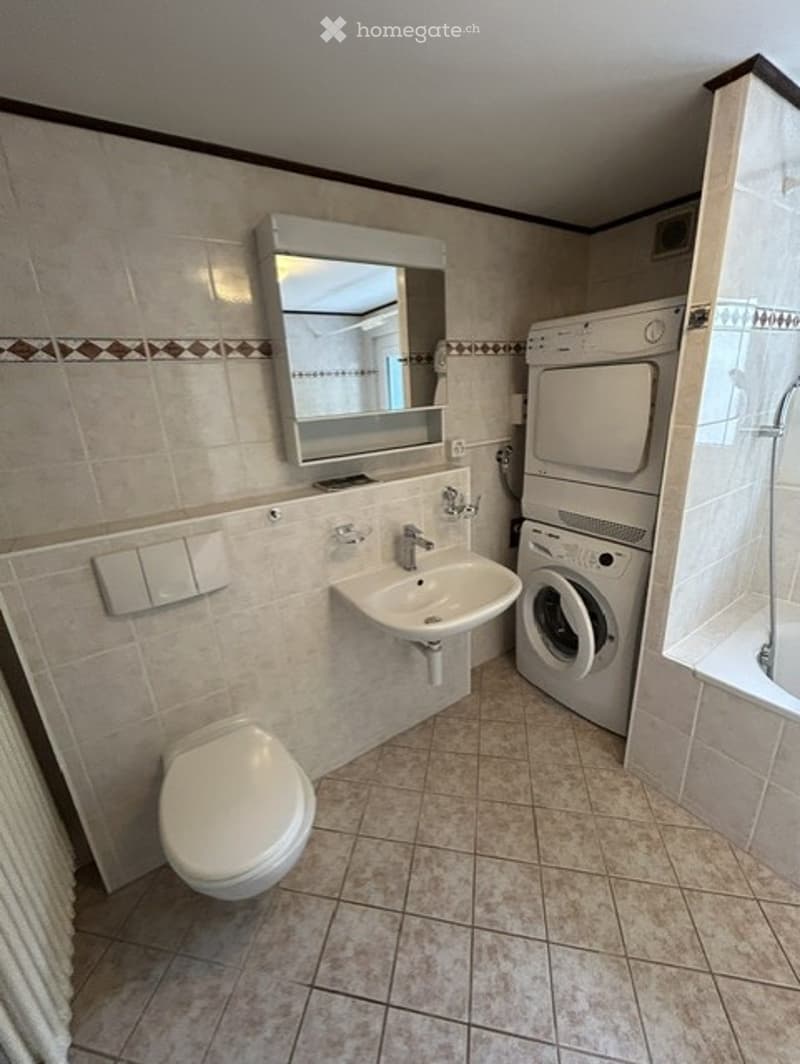 Bathroom with a toilet, sink, mirror, washing machine, and bathtub.