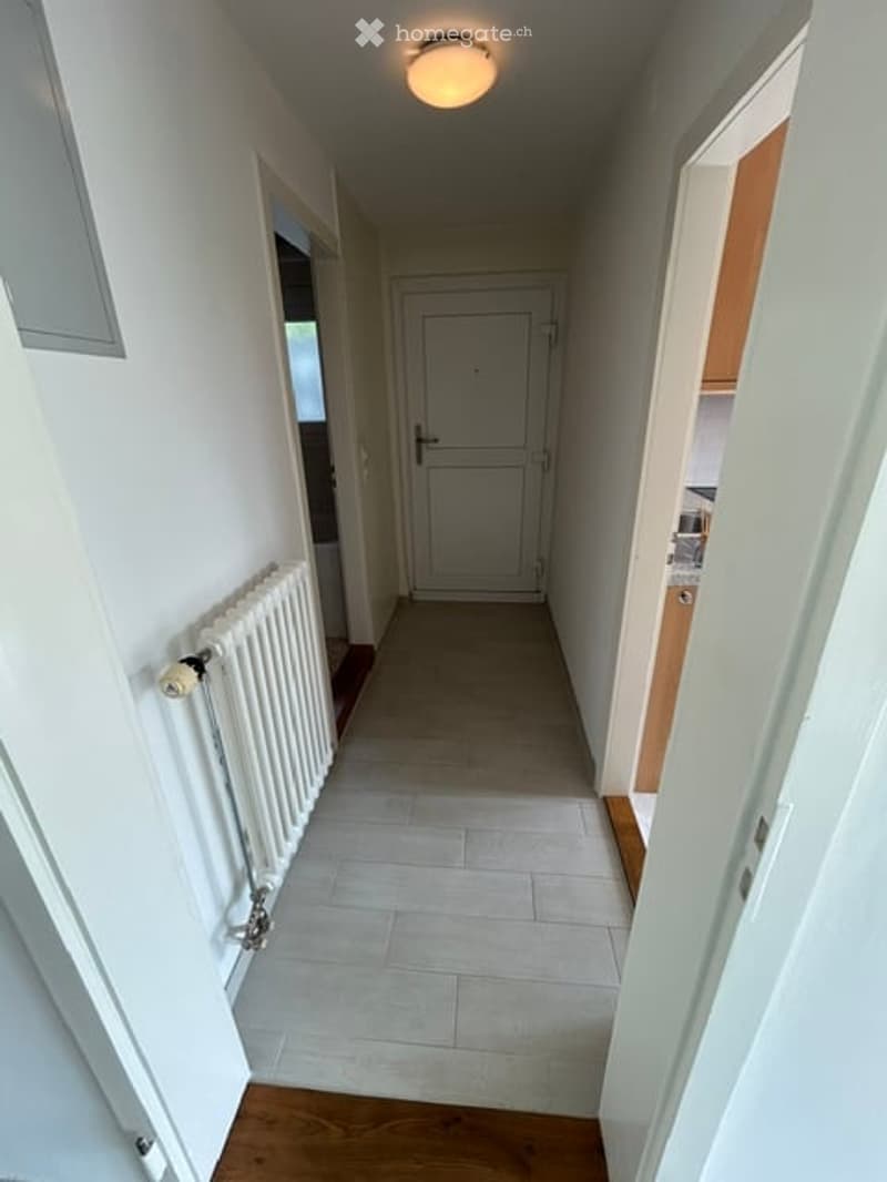 A narrow hallway with white walls, tiled floor, and a central closed door. A radiator is visible on the left wall, and a light fixture is mounted on the ceiling.