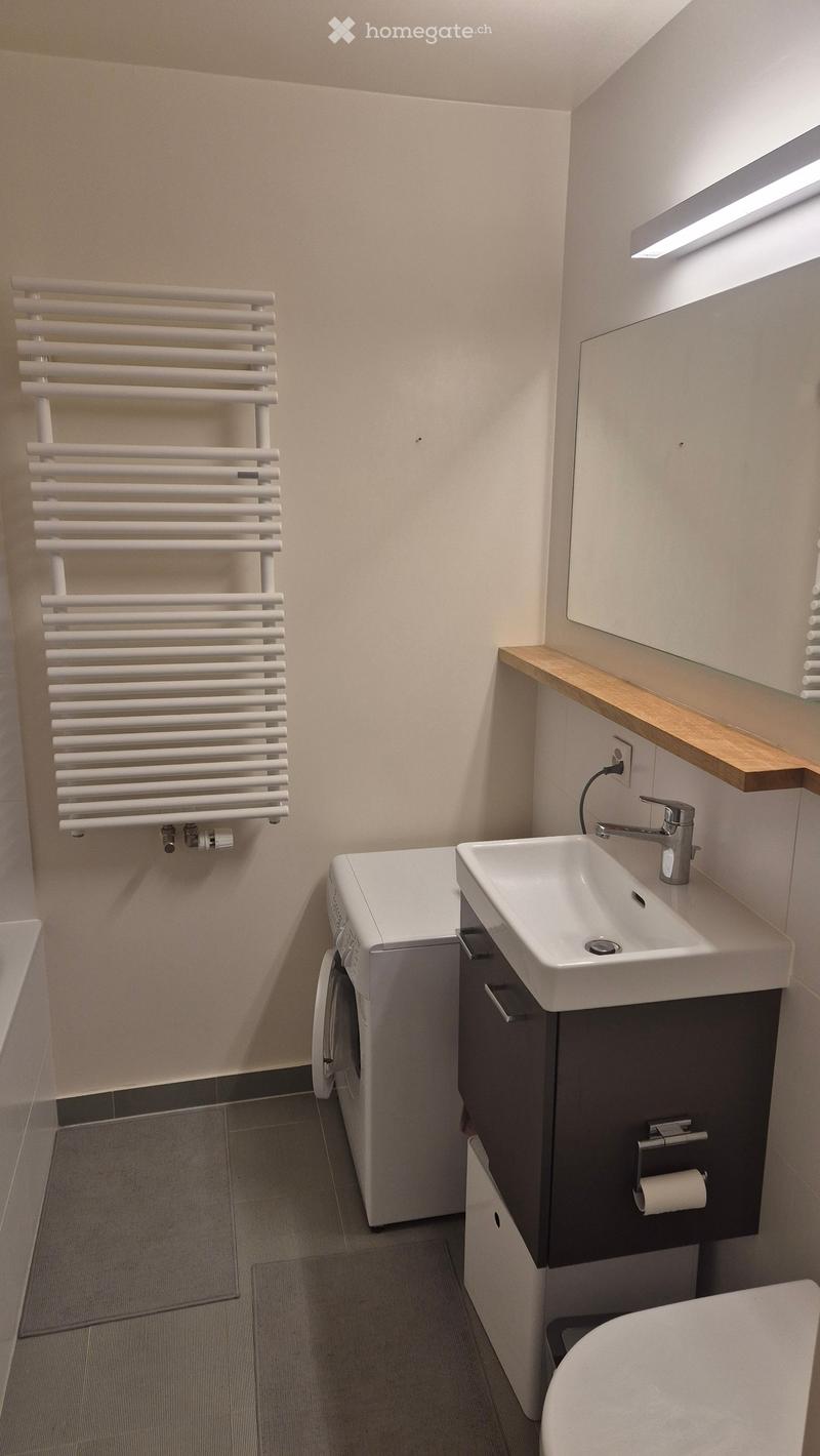 Modern bathroom with a white radiator, a sink with a modern faucet, a mirror, a washing machine, and a bathtub.