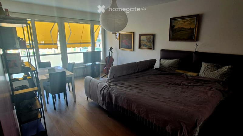 A cozy, well-lit room with a bed, sofa, dining table, chairs, a cello, and a television. The room features large windows with yellow blinds and several framed pictures on the wall.