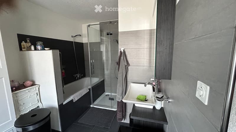 Modern bathroom with a bathtub, glass-enclosed shower, sink, mirror, and a towel hanging on the wall. The space features dark tiles and a sleek design.