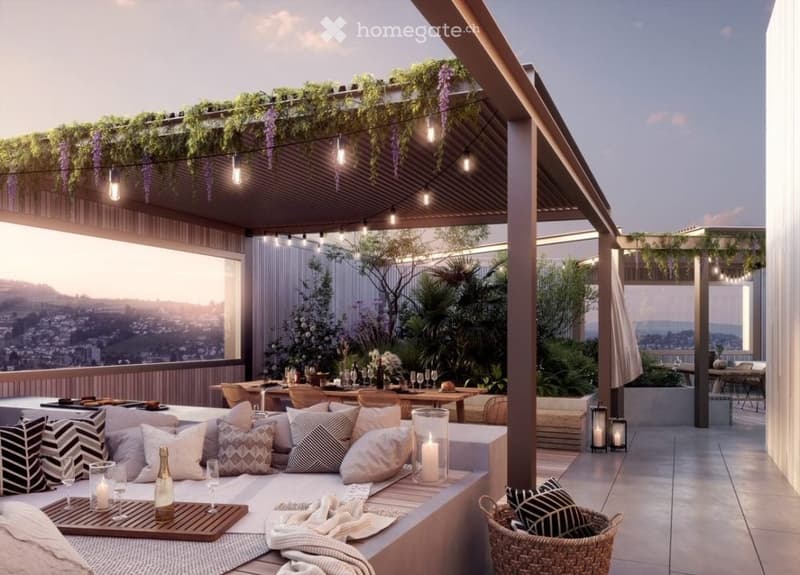 A modern rooftop terrace with a cozy seating area, dining table, and lush greenery, offering a panoramic city view.