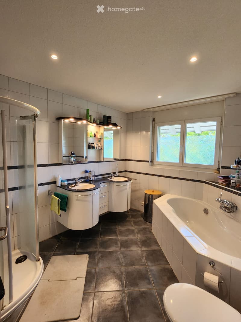 Modern bathroom with a bathtub, sink, toilet, shower, and a large mirror with built-in storage. The room features dark tiled floors and white tiled walls, with a window providing natural light.