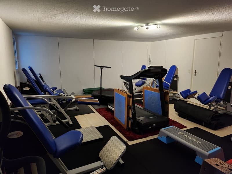 Well-equipped home gym with a treadmill, adjustable bench, weight machine, exercise bike, foam roller, weights, and a mirror. The space features white walls, a black rubber floor, and a red carpeted area.