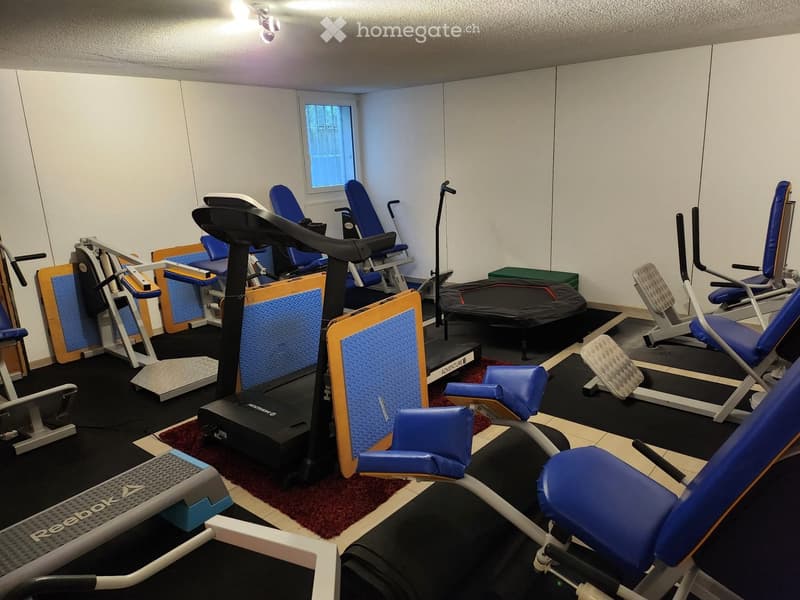 A well-equipped fitness room with a treadmill, exercise bike, weight machine, bench, and several chairs.