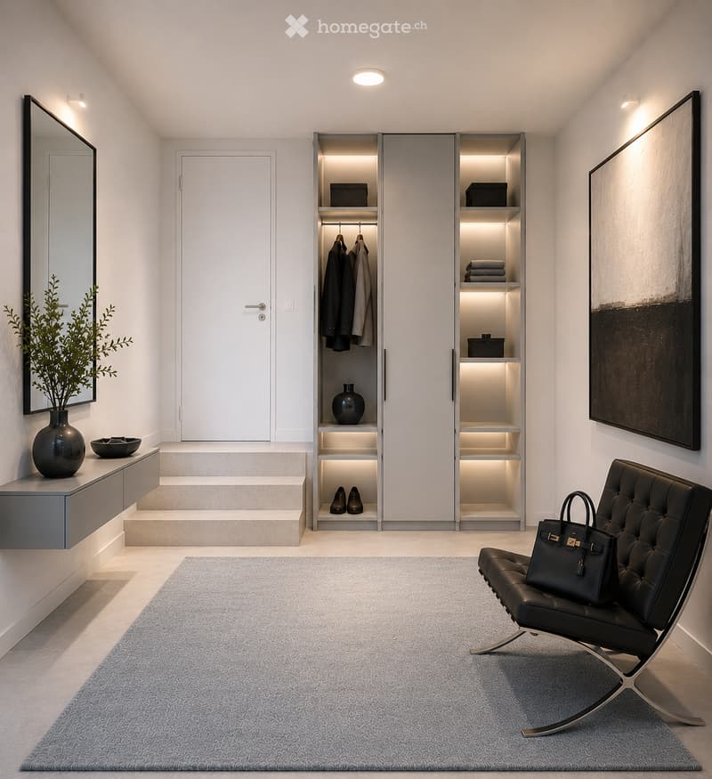 Furnished Room. Modern, minimalist hallway with a grey patterned rug, black leather chair, open wardrobe with built-in lighting, and decorative items including a vase and a mirror.