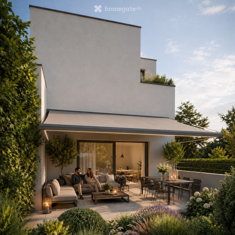 Garden / Outdoor Area. Modern outdoor patio with a covered seating area, sofa, coffee table, dining table, and chairs. The space features lush greenery, candles, and a view of the interior dining area through large glass doors.