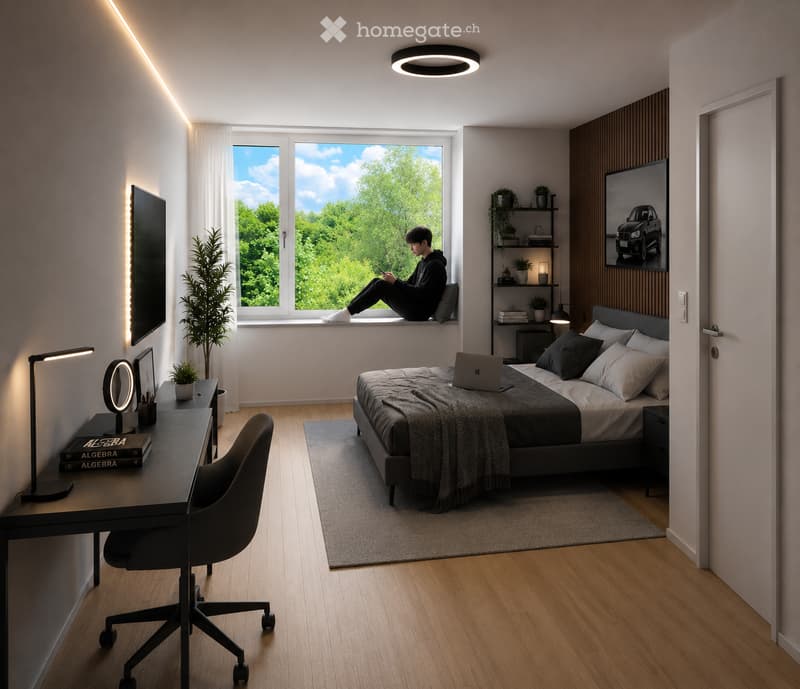 Bedroom. Modern bedroom with a large bed, desk, chair, laptop, and decorative items including a mirror, picture frame, and plants. The room features large windows with a view of greenery outside.
